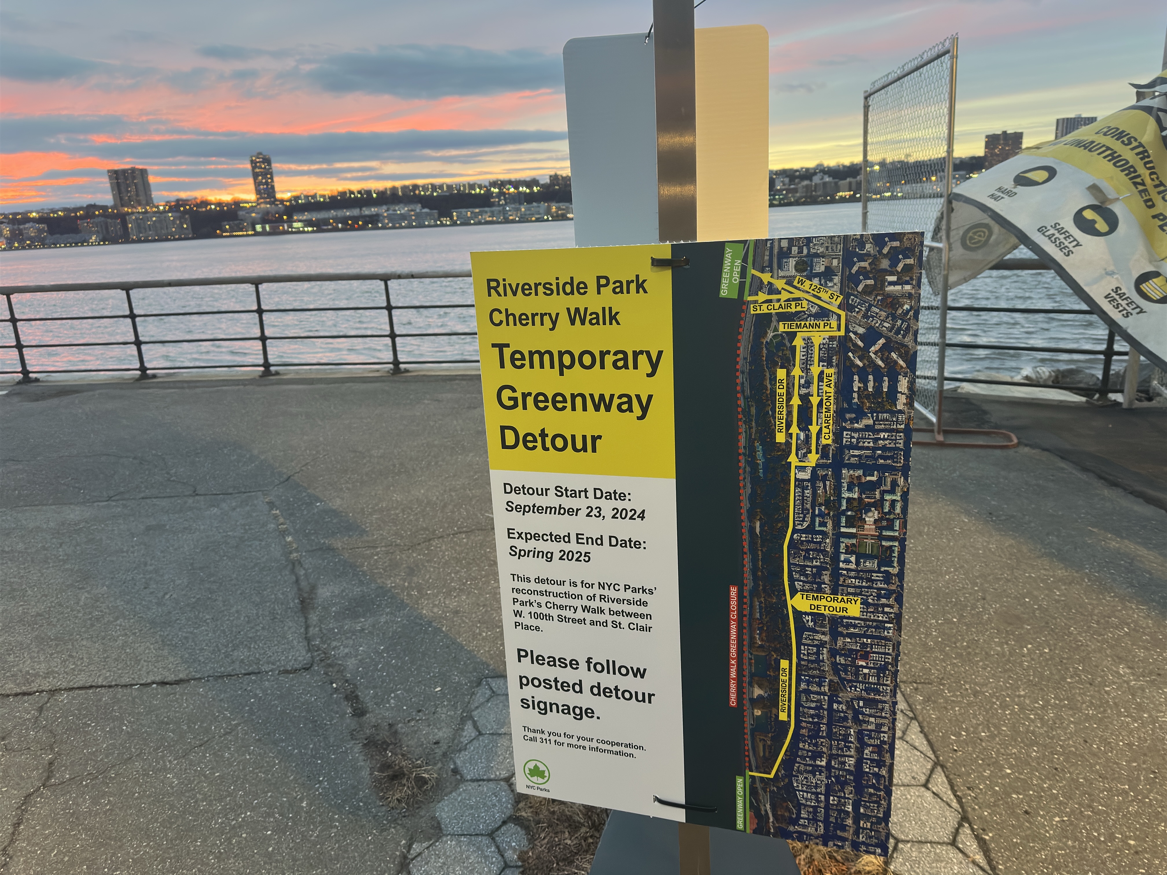 image showing a sign describing the detour cyclists and pedestrians can take around Cherry Walk which is closed until Spring 2025.